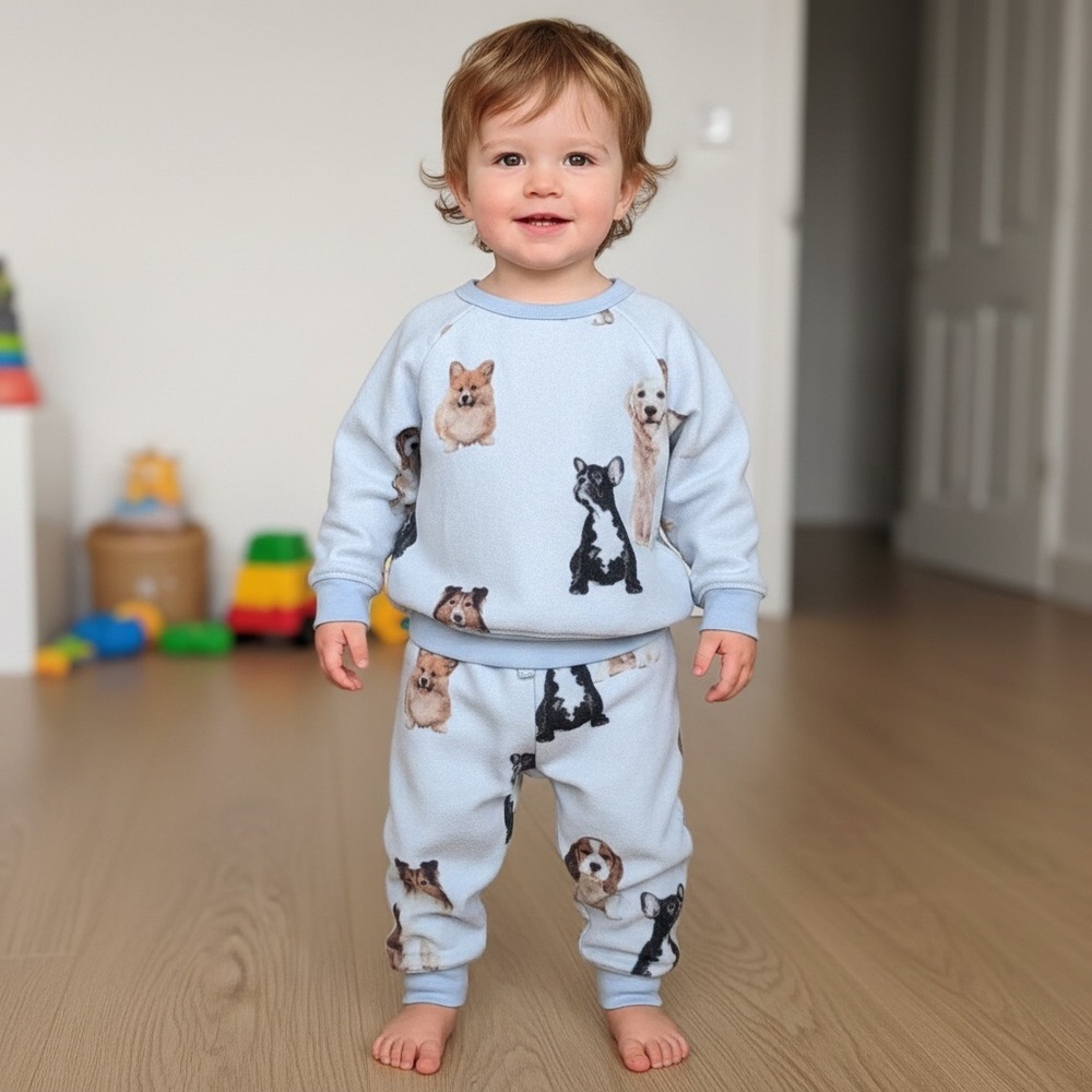 Cozy Light Blue Kids Matching Set with Puppy Design